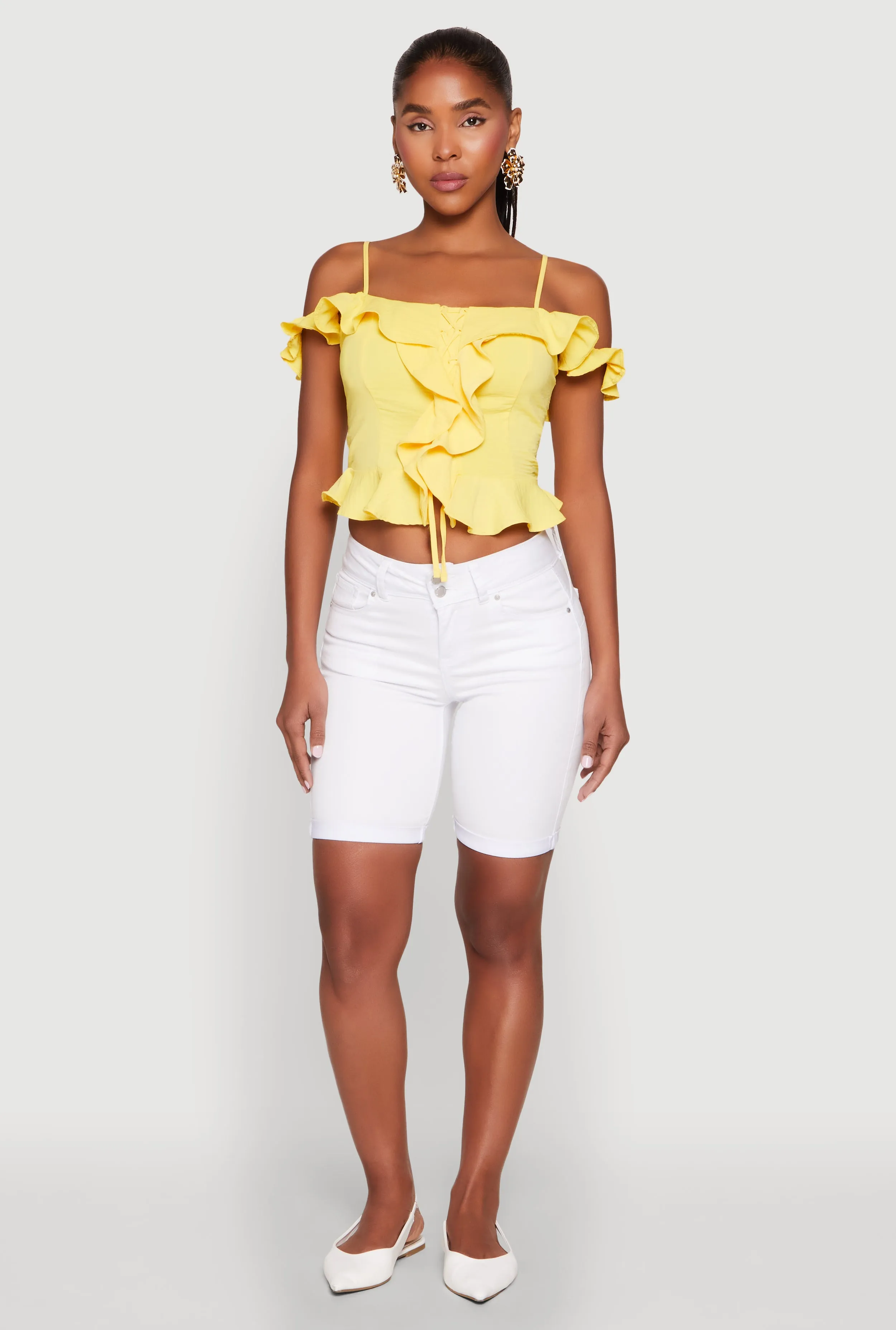 Iris Ruffled Cold Shoulder Crop Top sold by Rainbow
