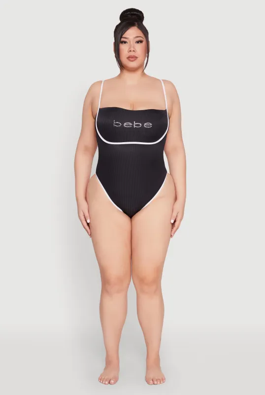 Plus Size Bebe Rhinestone Tie Back One Piece Swimsuit sold by Rainbow