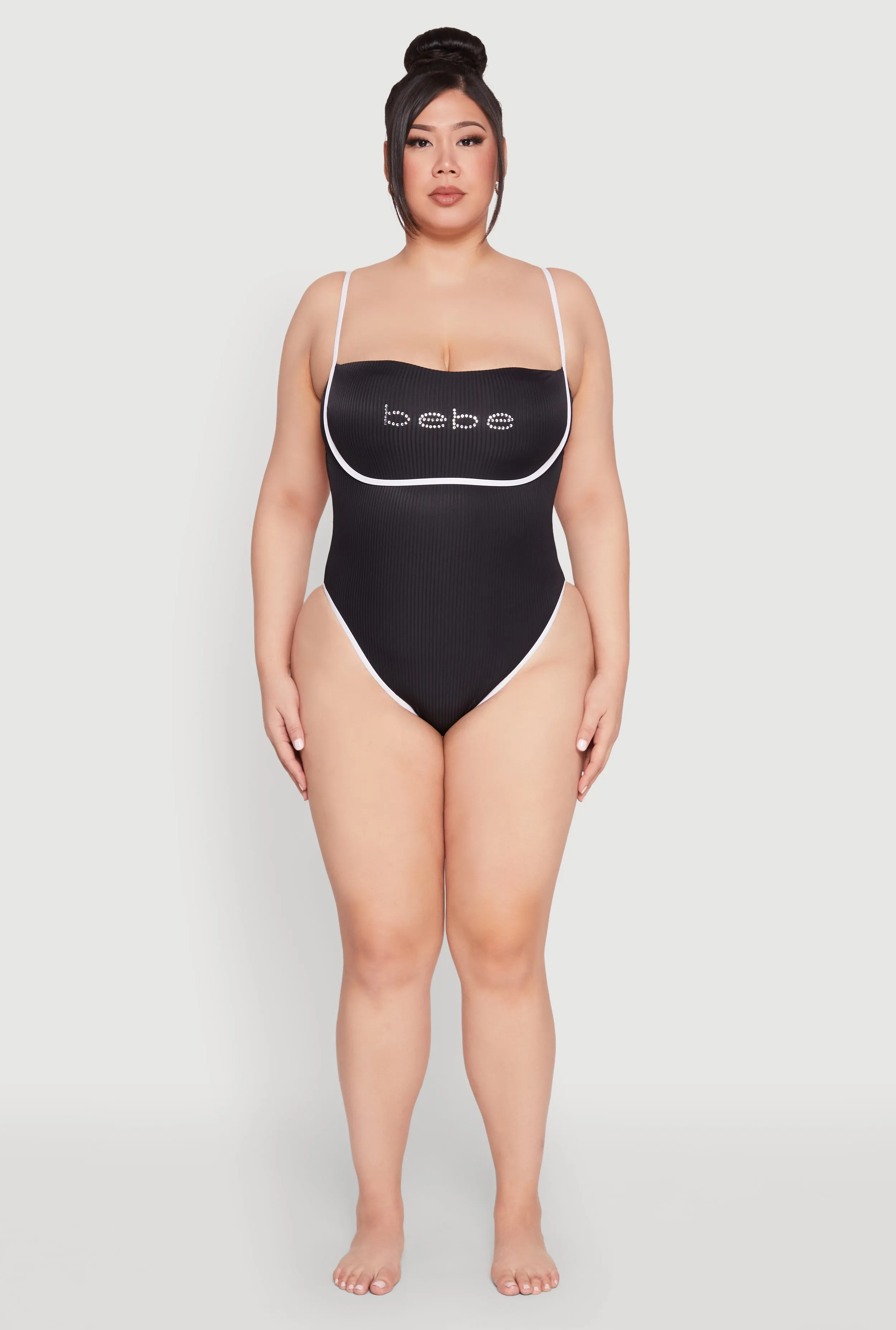 Plus Size Bebe Rhinestone Tie Back One Piece Swimsuit sold by Rainbow