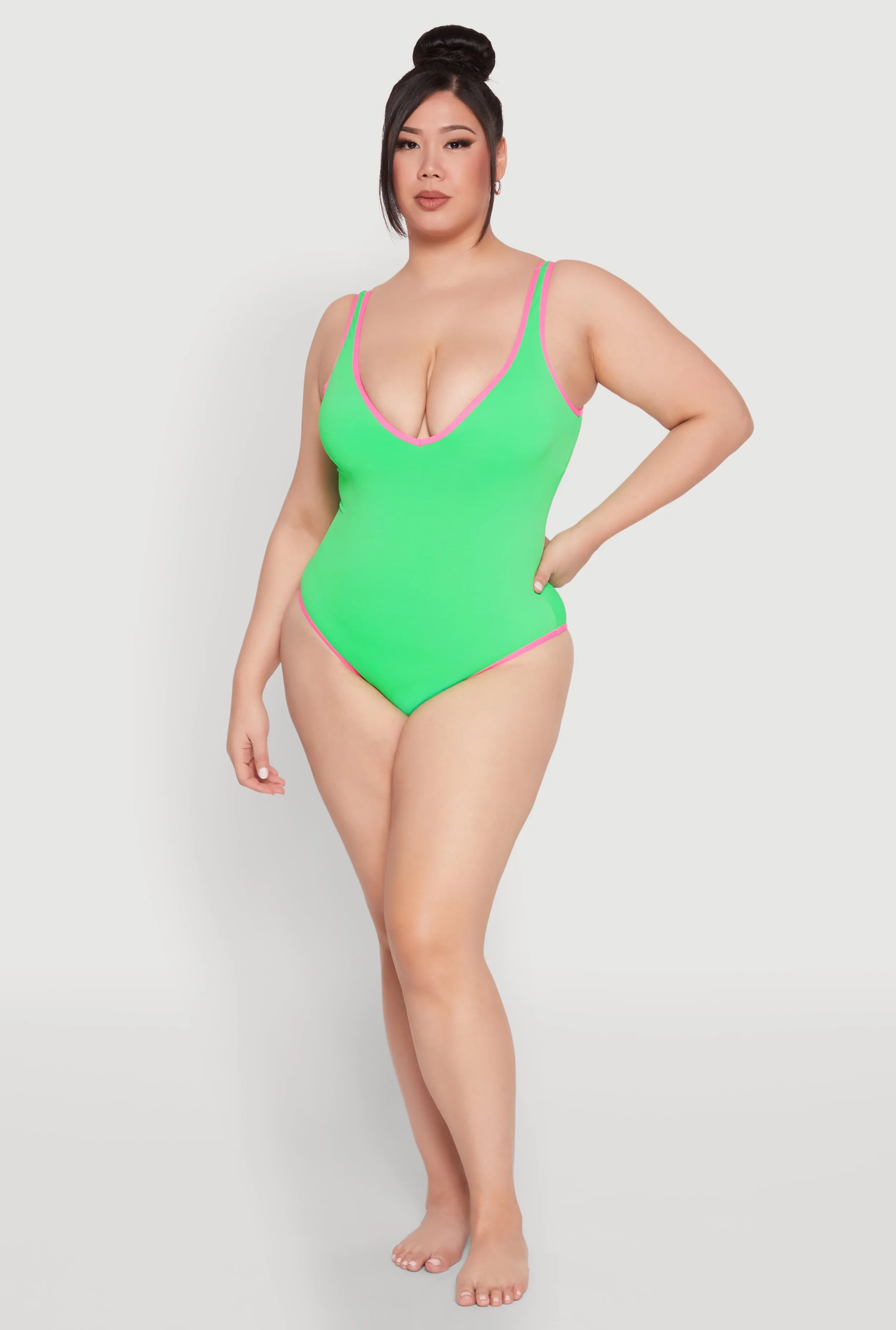 Plus Size Plunge Contrast Trim One Piece Swimsuit sold by Rainbow