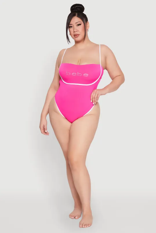 Plus Size Bebe Rhinestone Tie Back One Piece Swimsuit sold by Rainbow
