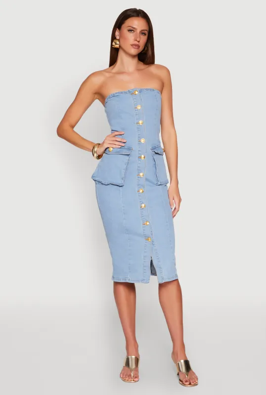 Daisy Button Front Strapless Denim Dress sold by Rainbow