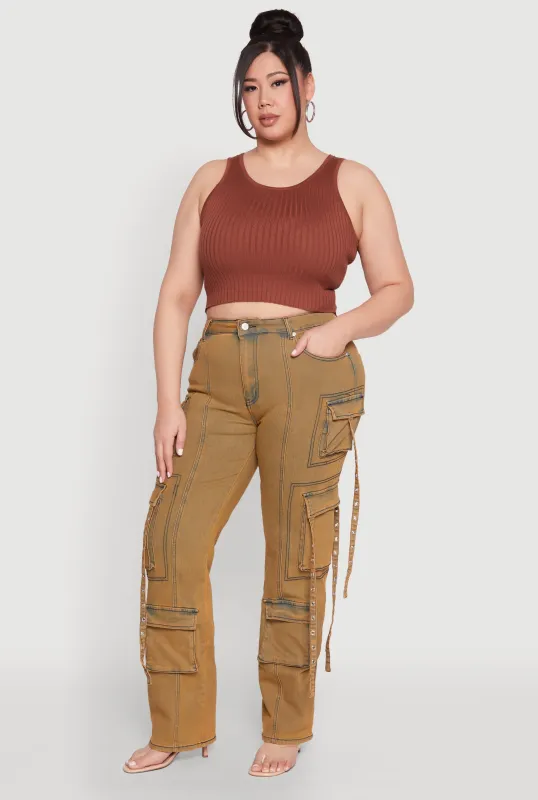 Plus Size Mineral Wash Pintuck Cargo Jeans sold by Rainbow