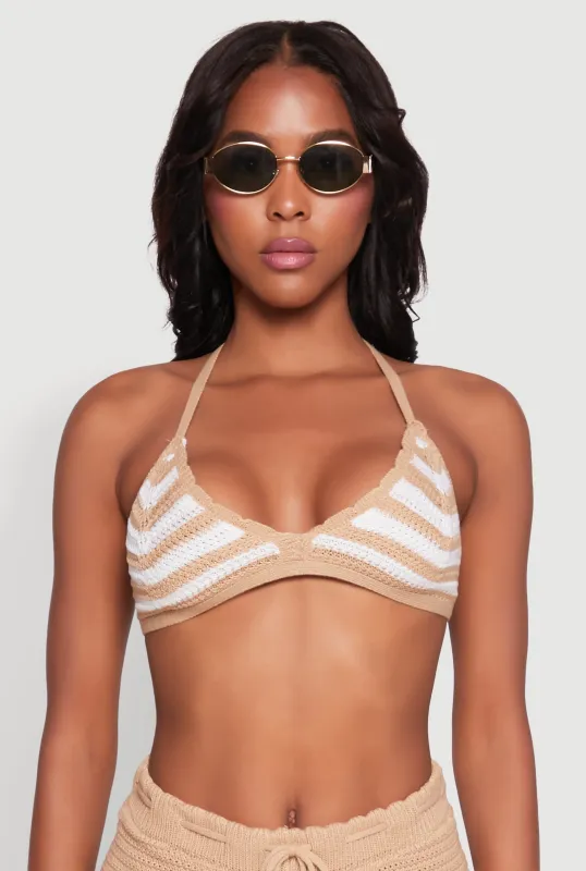 Almost Famous Crochet Striped Halter Crop Top sold by Rainbow