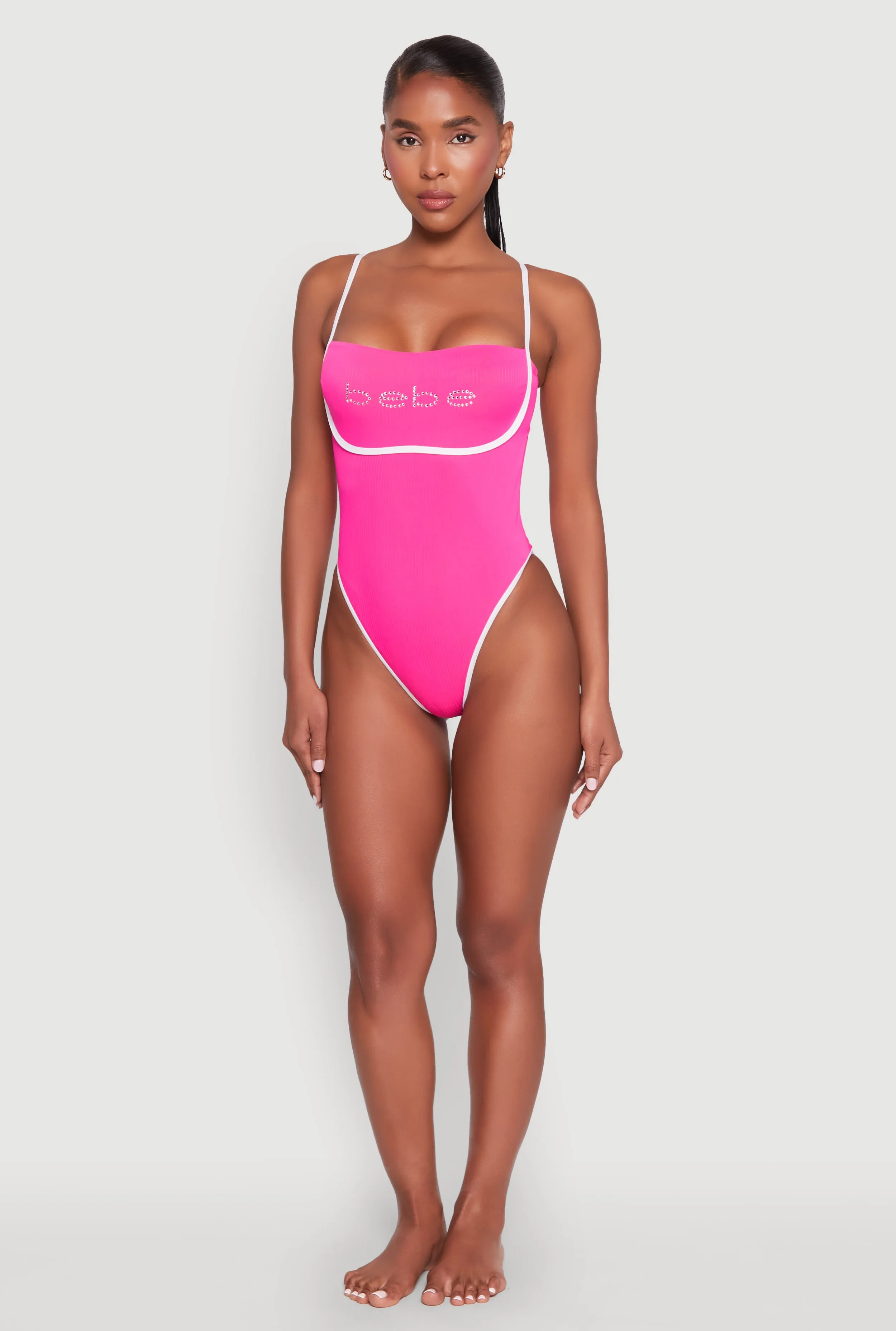 Bebe Rhinestone Tie Back One Piece Swimsuit sold by Rainbow