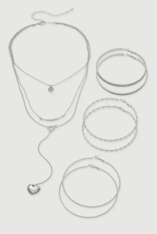 Heart Charm Layered Necklace and Hoop Earring Trio Set sold by Rainbow