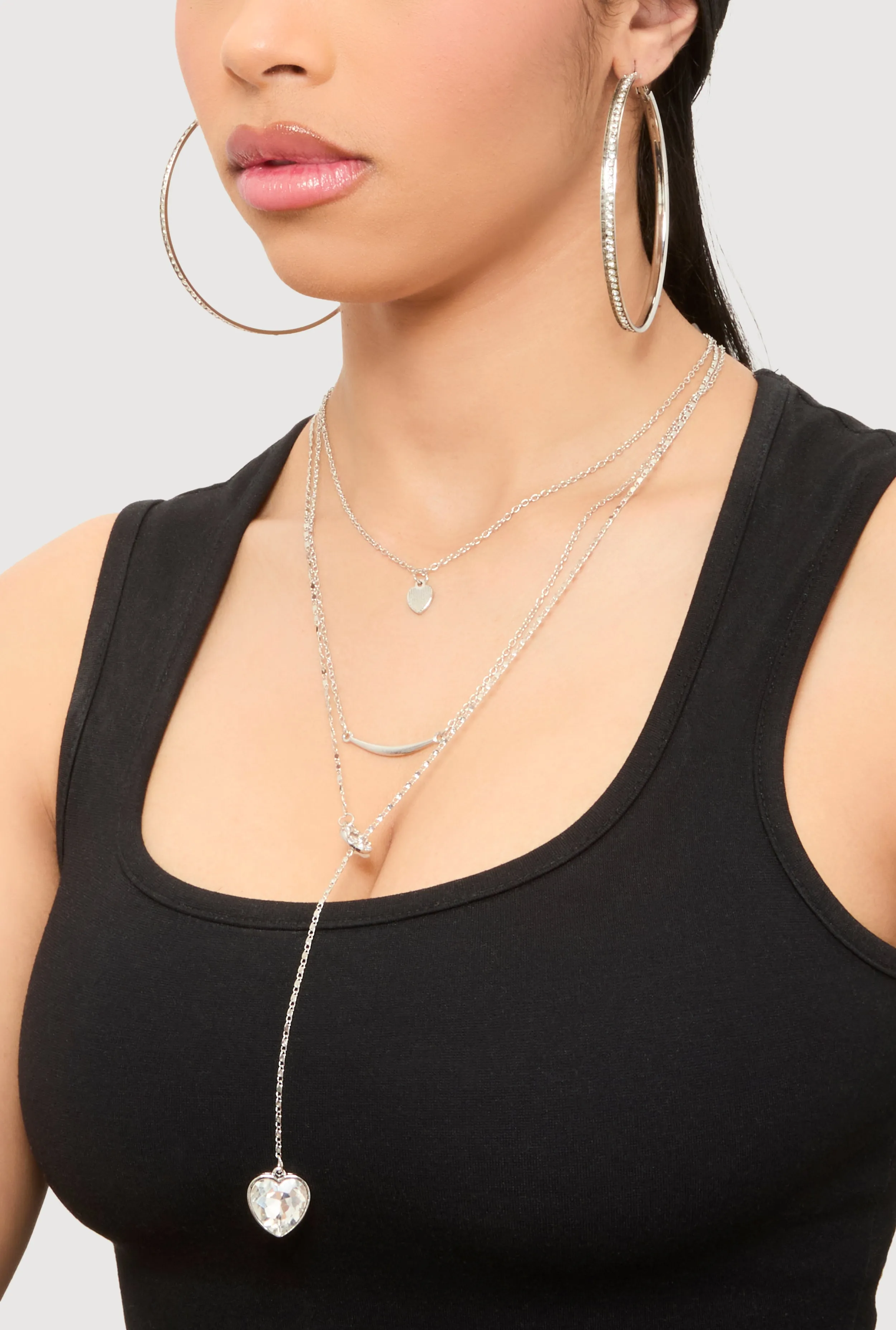 Heart Charm Layered Necklace and Hoop Earring Trio Set sold by Rainbow product image thumbnail 2