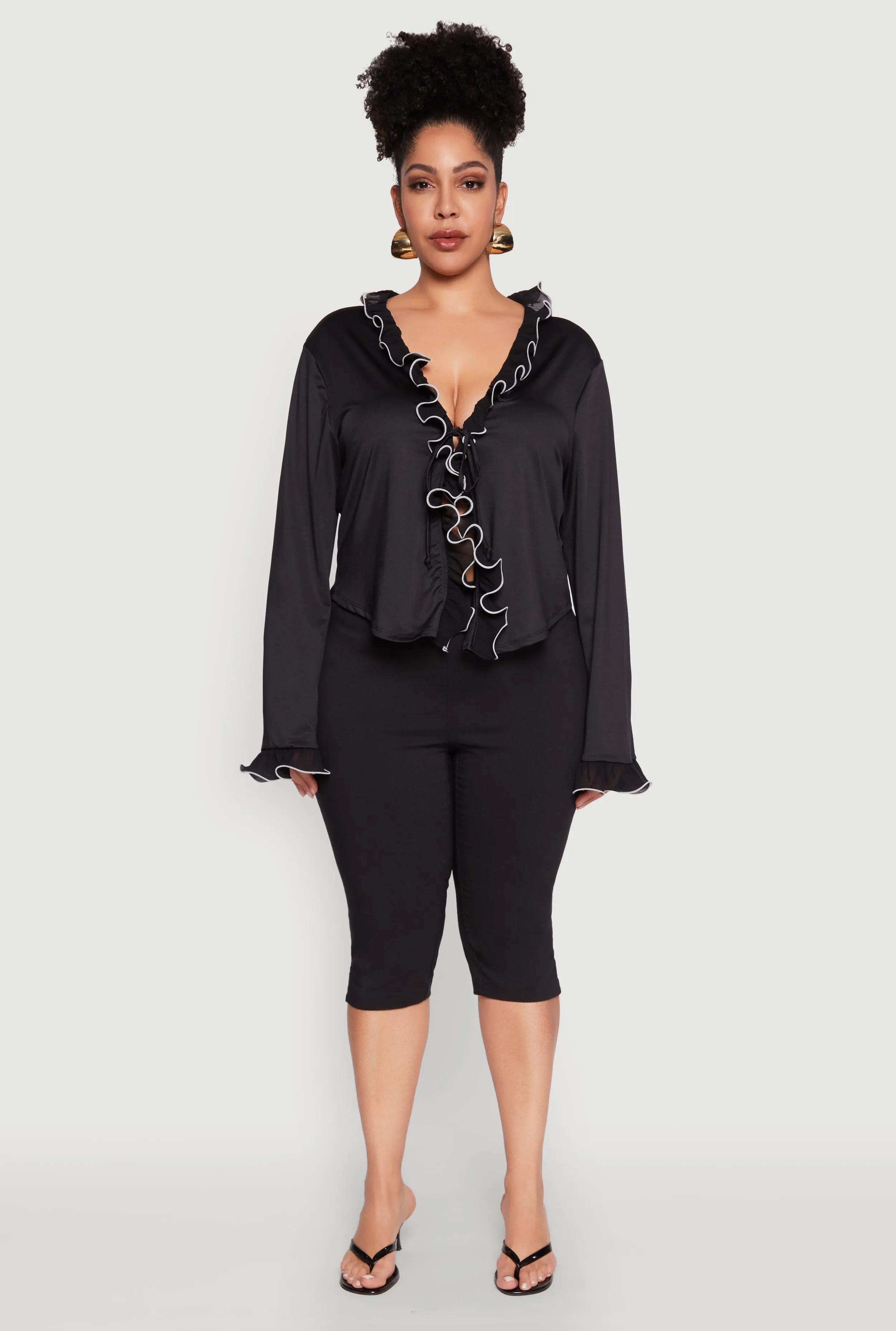 Plus Size Ruffle Trim Tie Front Blouse sold by Rainbow