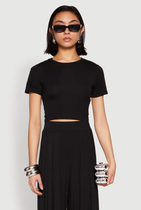 Solid Short Sleeve Crew Neck Crop Top sold by Rainbow