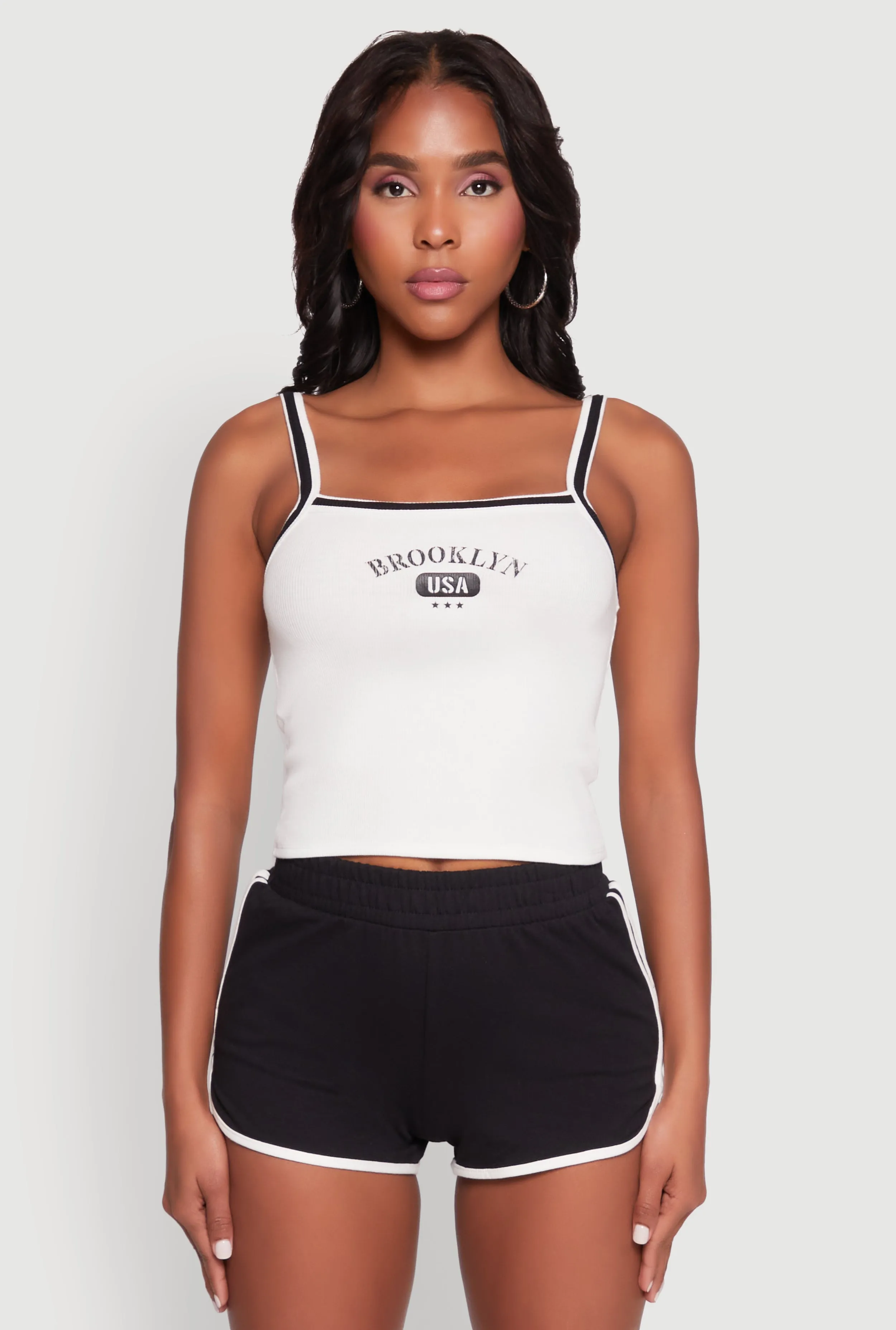 Almost Famous Contrast Trim Graphic Print Crop Cami sold by Rainbow