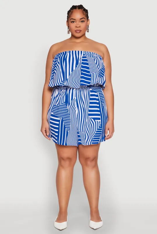 Plus Size Assorted Stripe Print Ruffle Overlay Romper sold by Rainbow