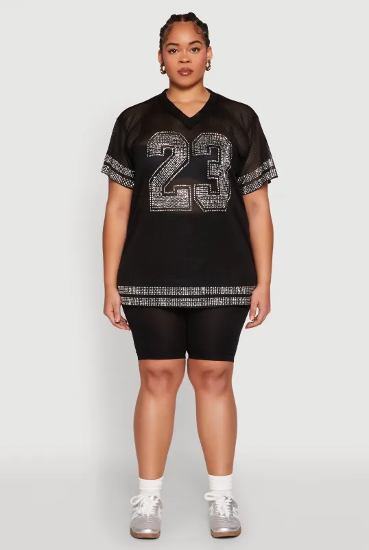 Plus Size Rhinestone Varsity Stripe Mesh Jersey sold by Rainbow