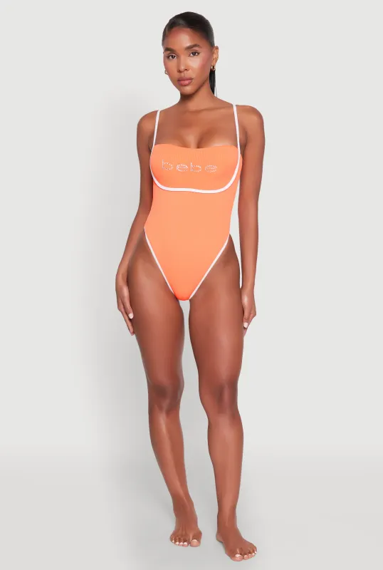 Bebe Rhinestone Tie Back One Piece Swimsuit sold by Rainbow