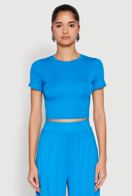 Solid Short Sleeve Crew Neck Crop Top sold by Rainbow