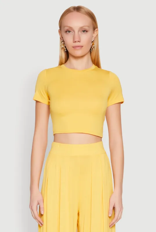 Solid Short Sleeve Crew Neck Crop Top sold by Rainbow