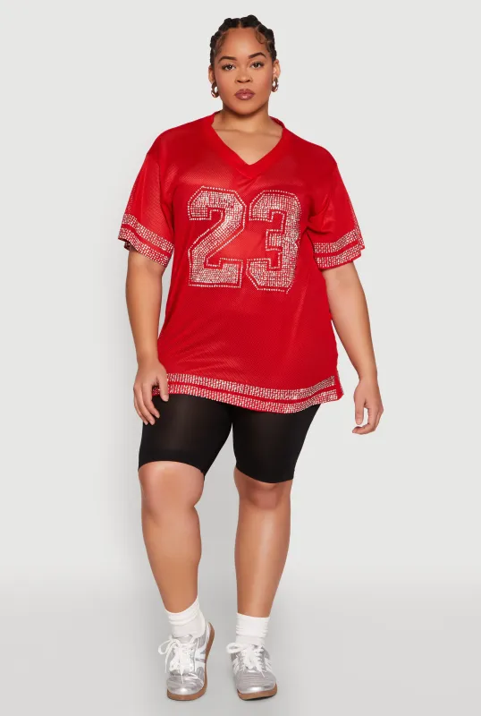 Plus Size Rhinestone Varsity Stripe Mesh Jersey sold by Rainbow