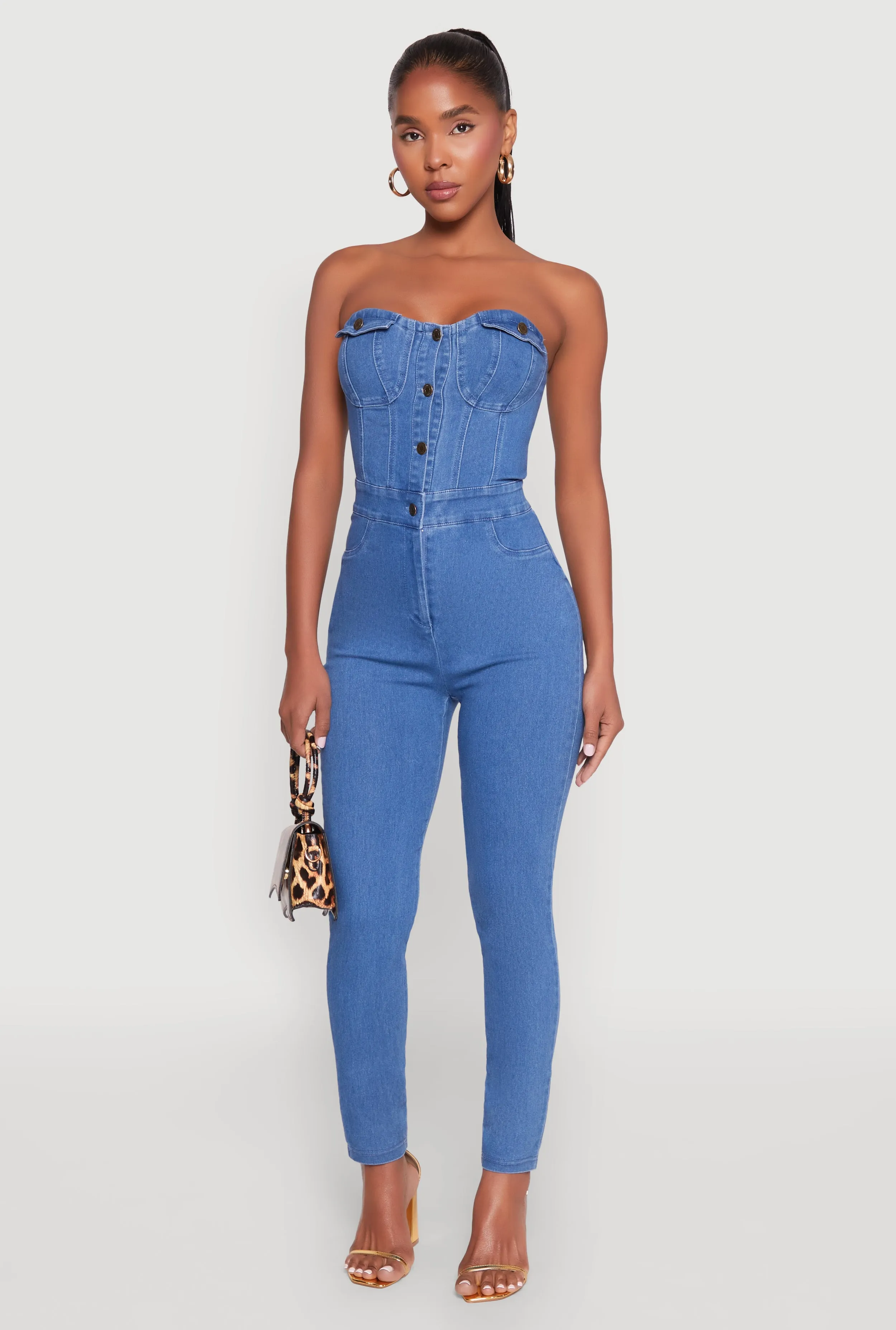 Haute Monde Denim Sweetheart Neckline Jumpsuit sold by Rainbow