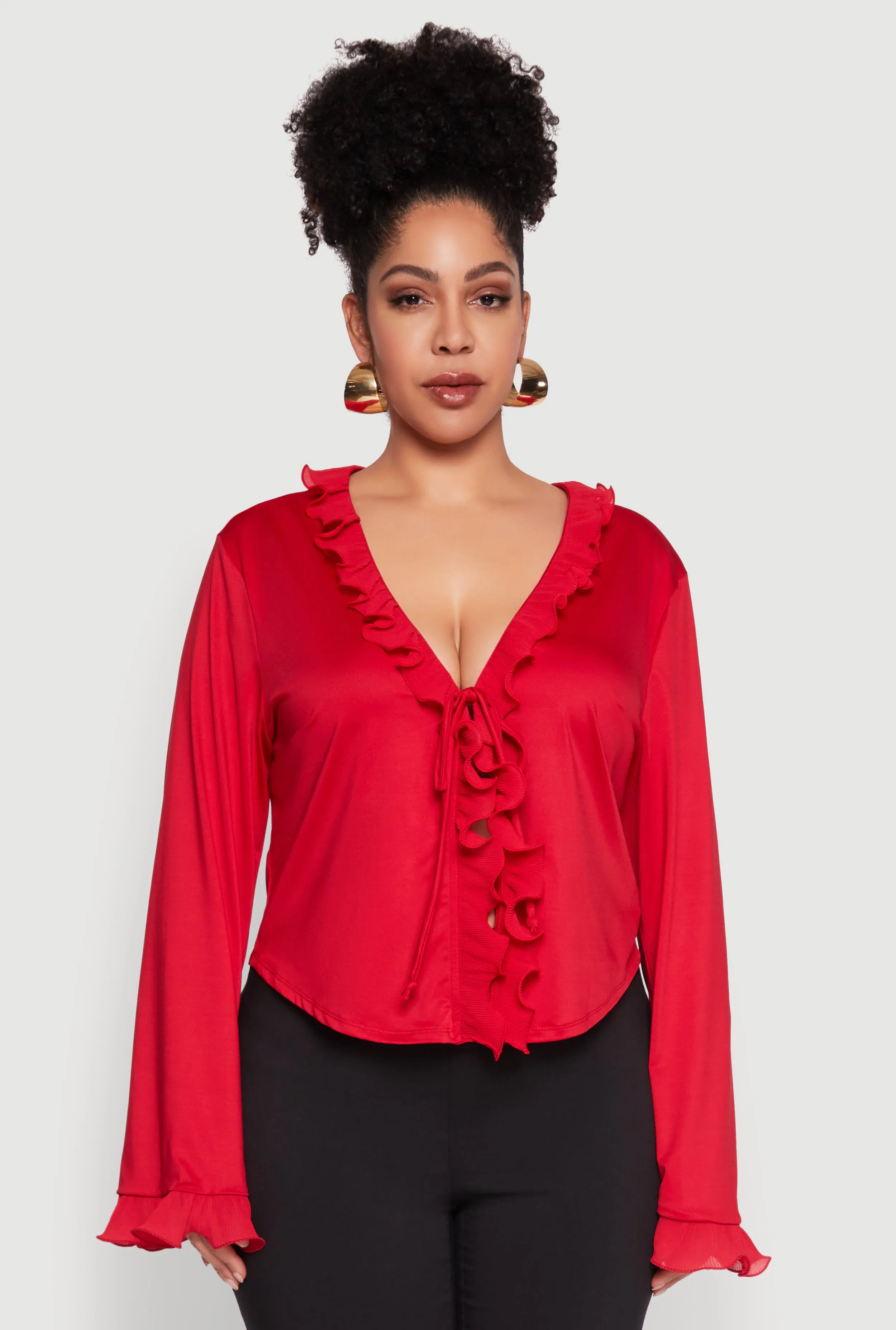 Plus Size Ruffle Trim Tie Front Blouse sold by Rainbow product image thumbnail 2