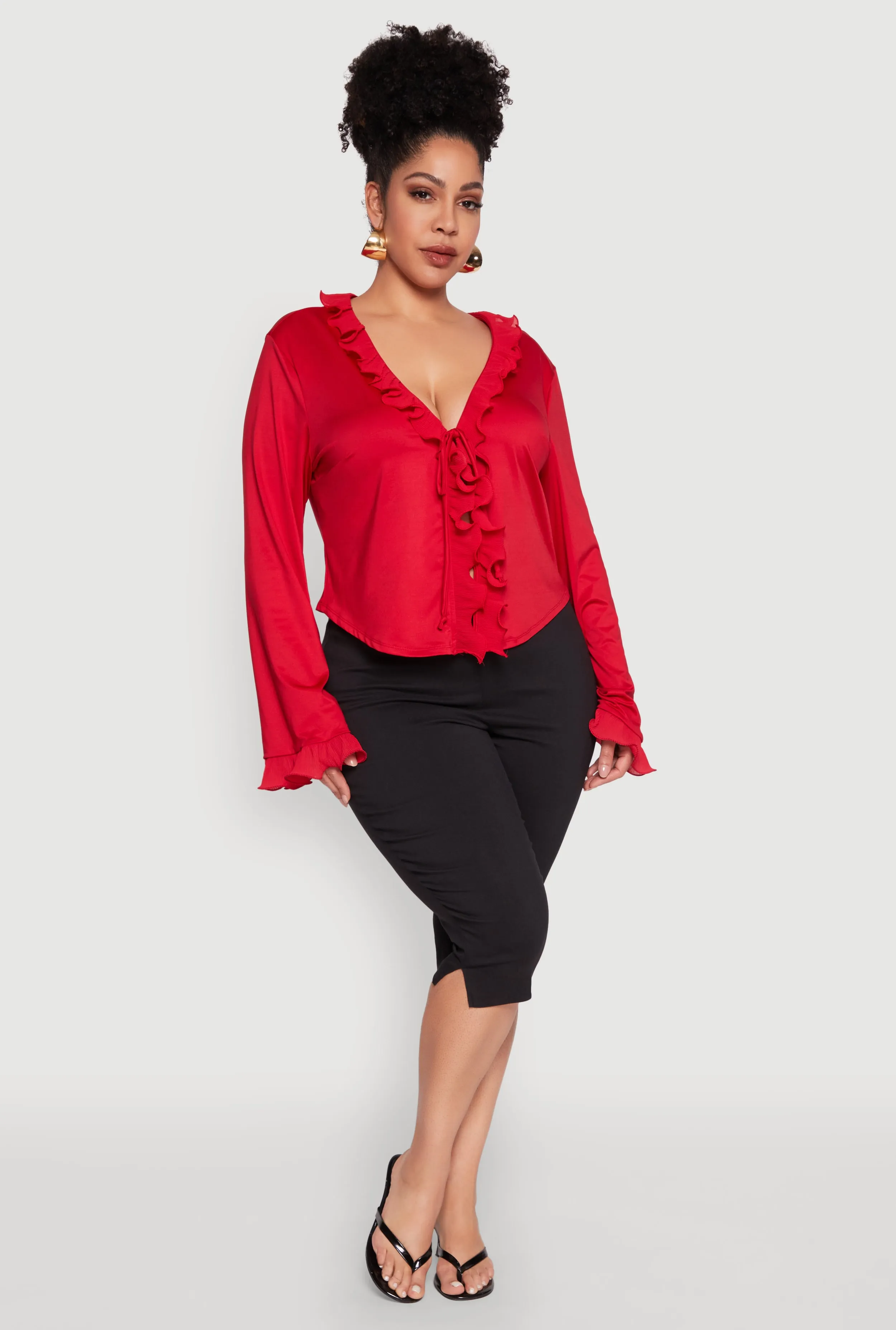 Plus Size Ruffle Trim Tie Front Blouse sold by Rainbow