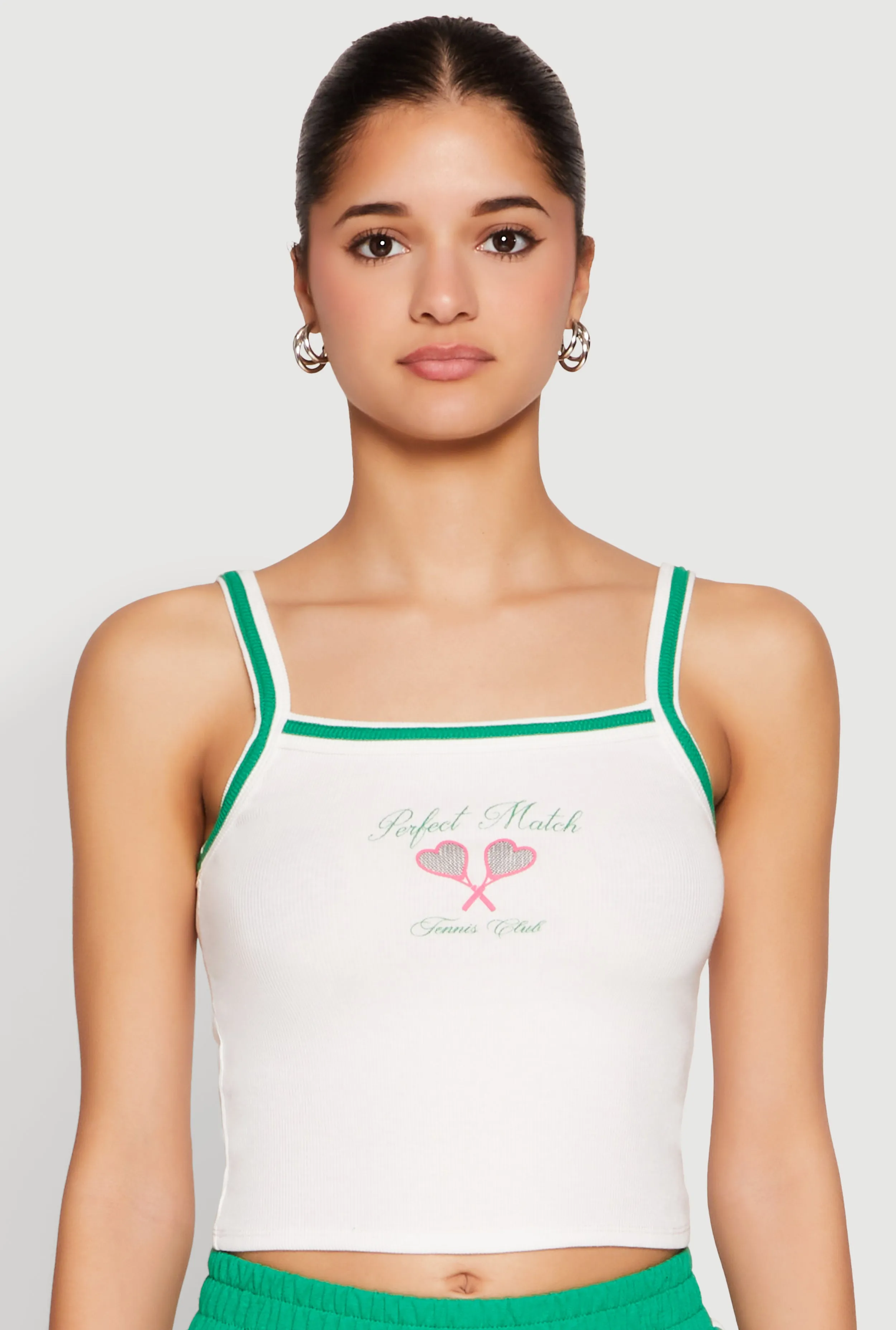 Almost Famous Contrast Trim Graphic Print Crop Cami sold by Rainbow