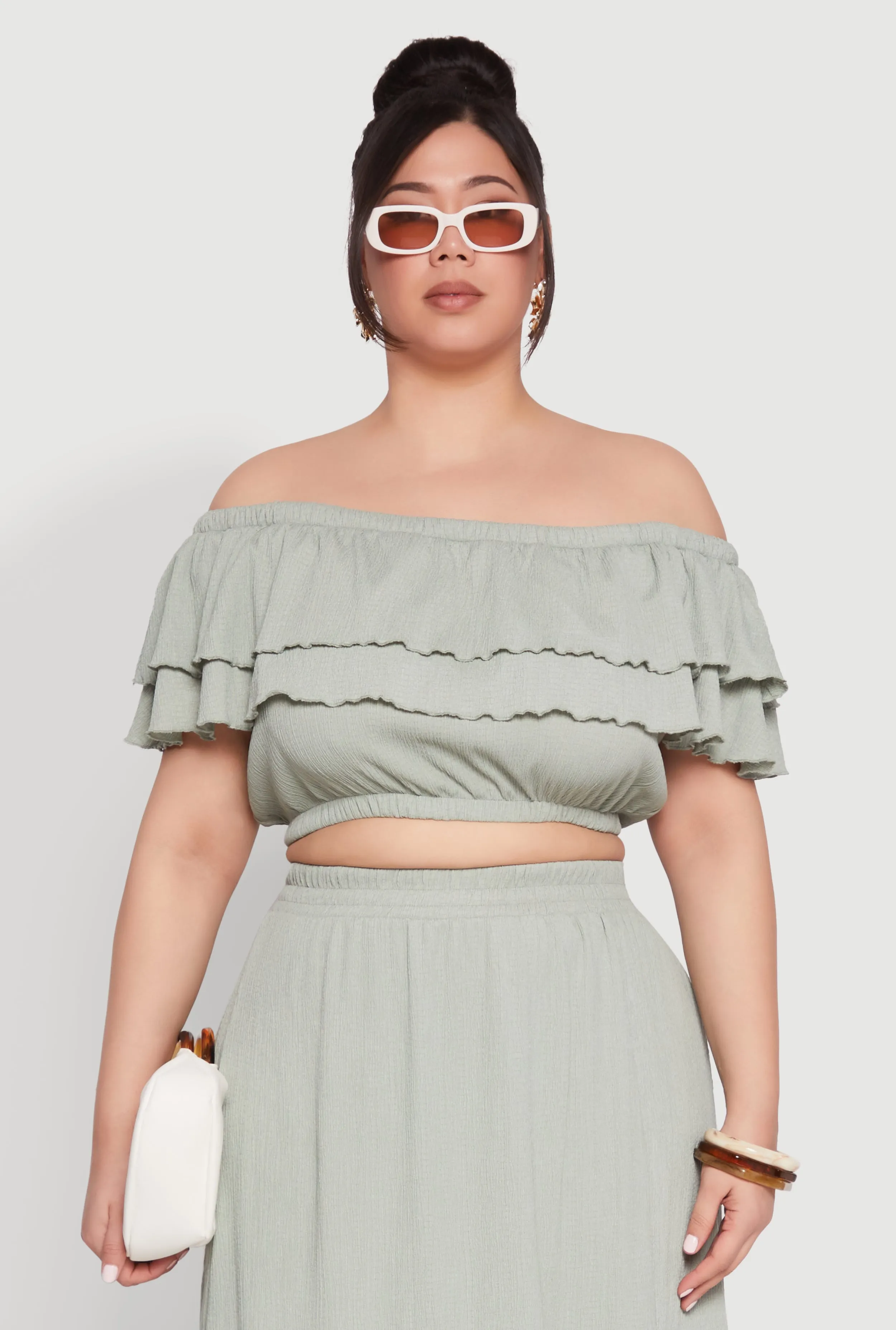 Plus Size Tiered Off the Shoulder Crop Top sold by Rainbow