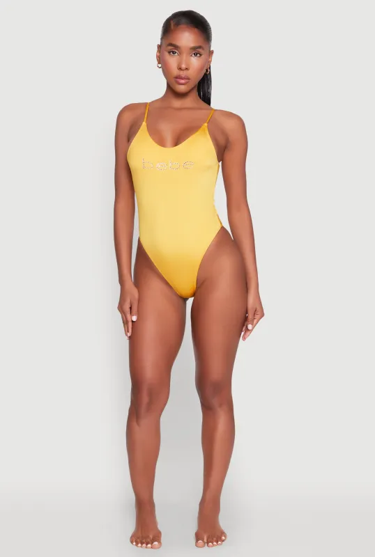 Bebe Rhinestone One Piece Swimsuit sold by Rainbow