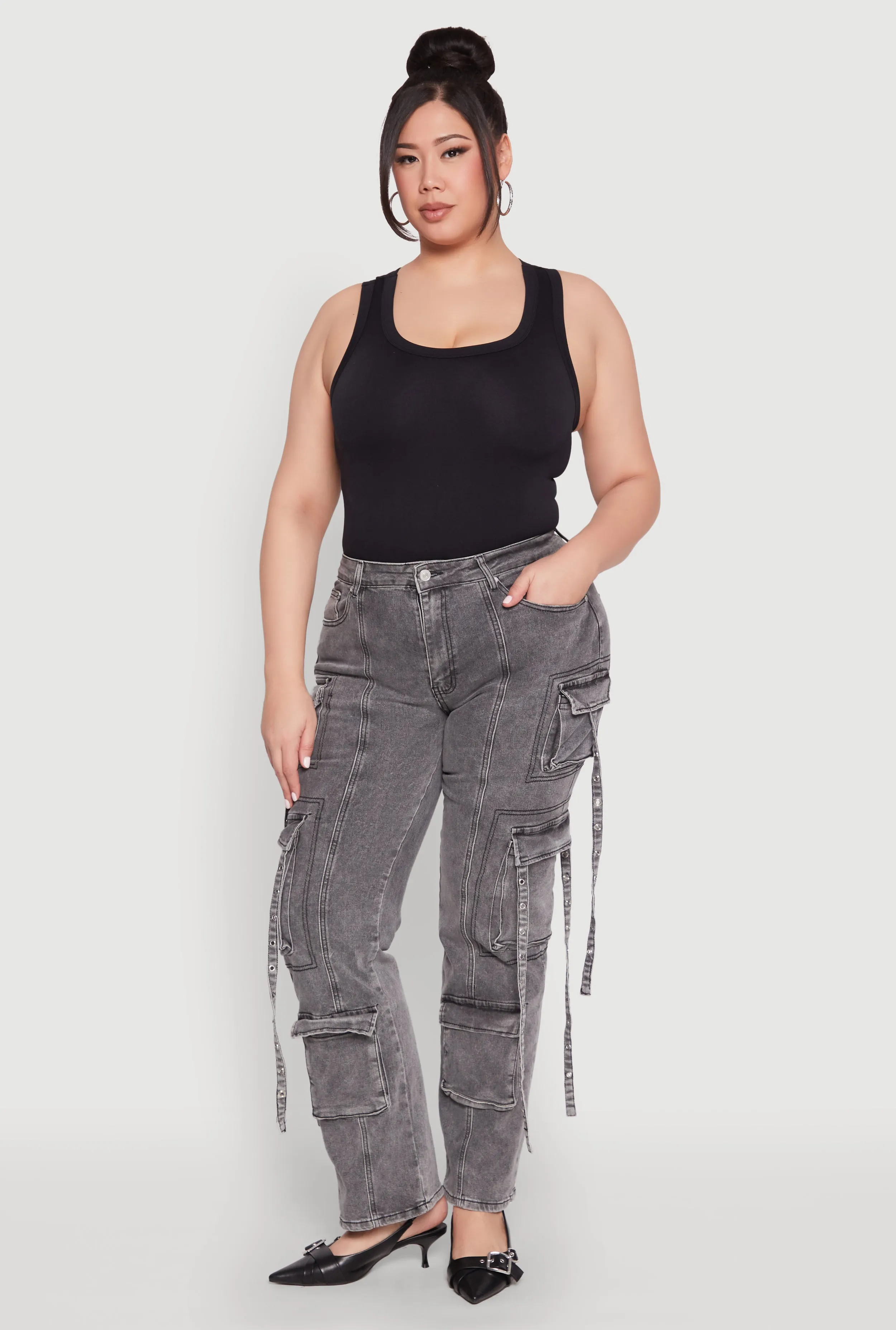 Plus Size Mineral Wash Pintuck Cargo Jeans sold by Rainbow