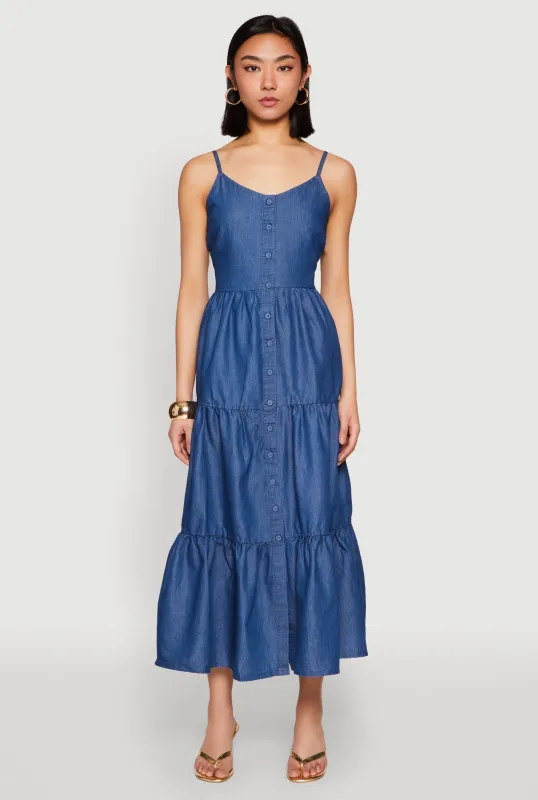 Chambray Sleeveless Button Front Tiered Dress sold by Rainbow