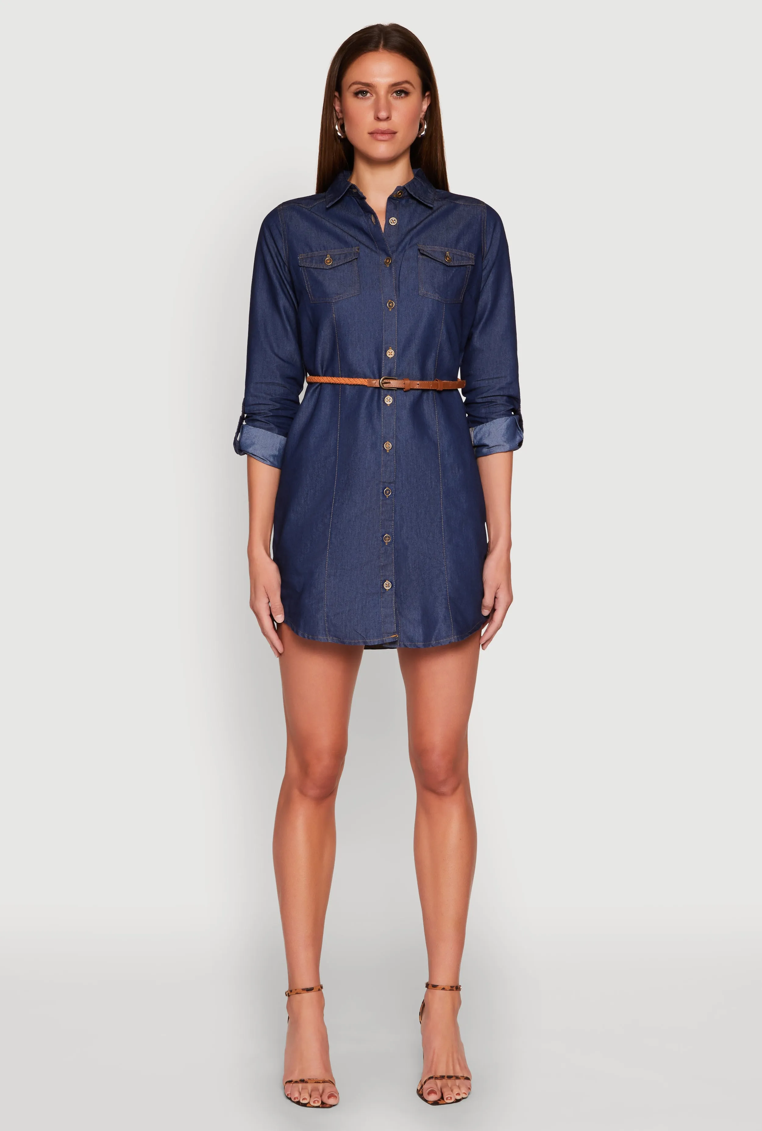 Chambray Tabbed Sleeve Belted Dress sold by Rainbow