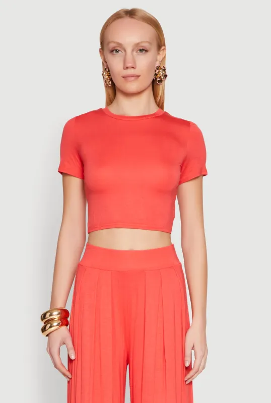 Solid Short Sleeve Crew Neck Crop Top sold by Rainbow