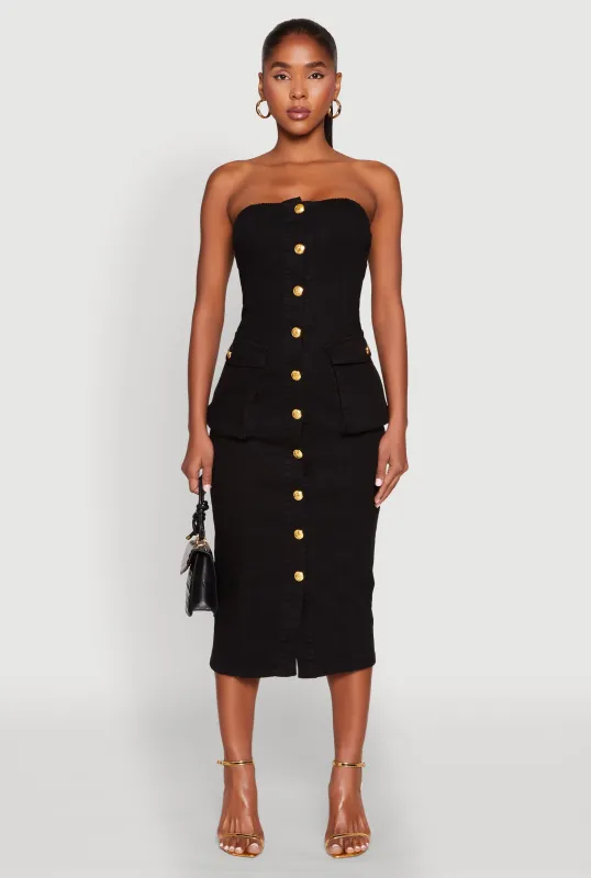 Daisy Button Front Strapless Denim Dress sold by Rainbow