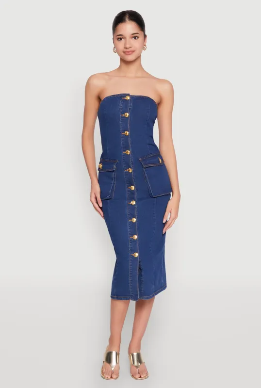 Daisy Button Front Strapless Denim Dress sold by Rainbow