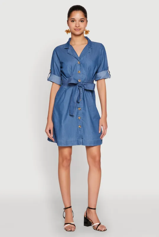 Chambray Tie Waist Belted Shirt Dress sold by Rainbow