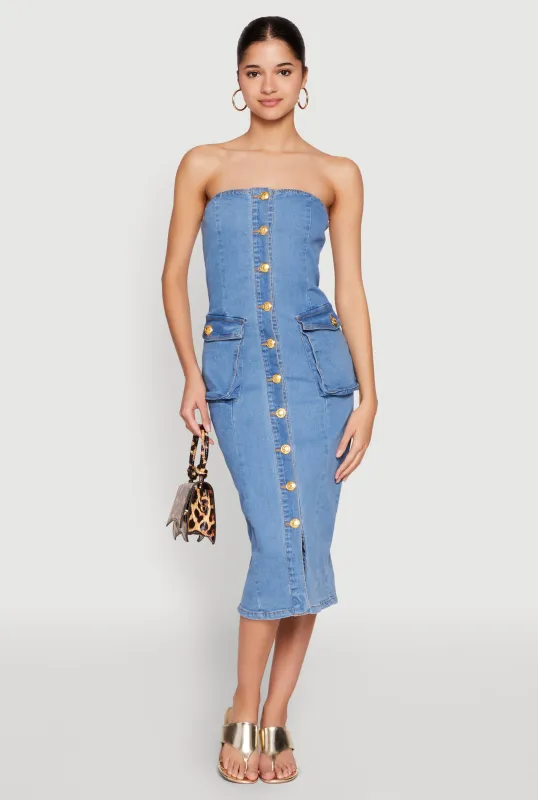 Daisy Button Front Strapless Denim Dress sold by Rainbow