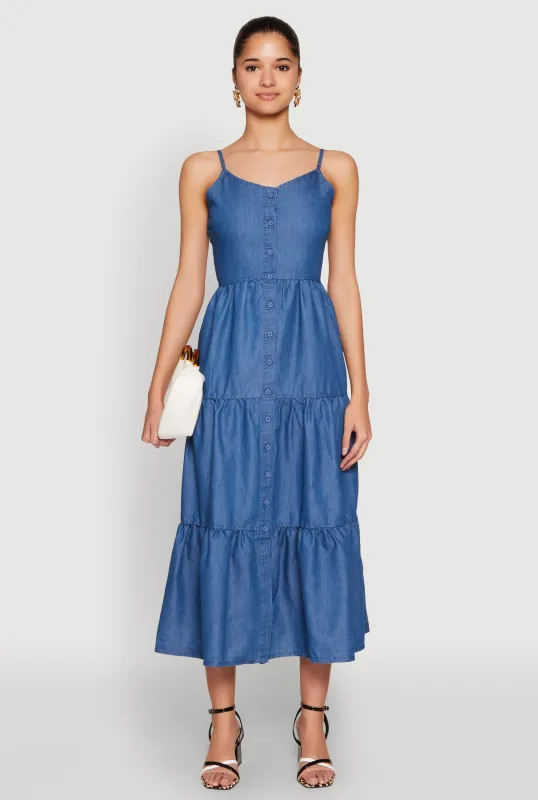 Chambray Sleeveless Button Front Tiered Dress sold by Rainbow