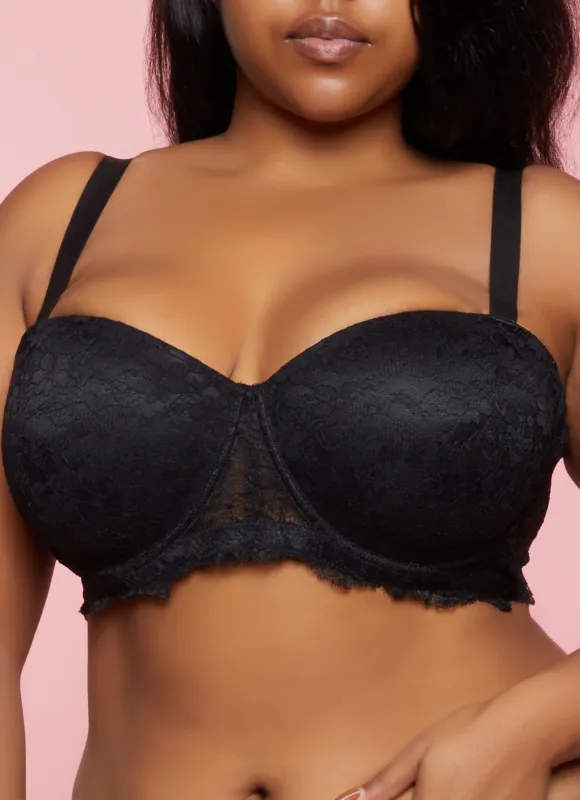 Plus Size Black Floral Lace Balconette Bra | Converts to Strapless sold by Rainbow