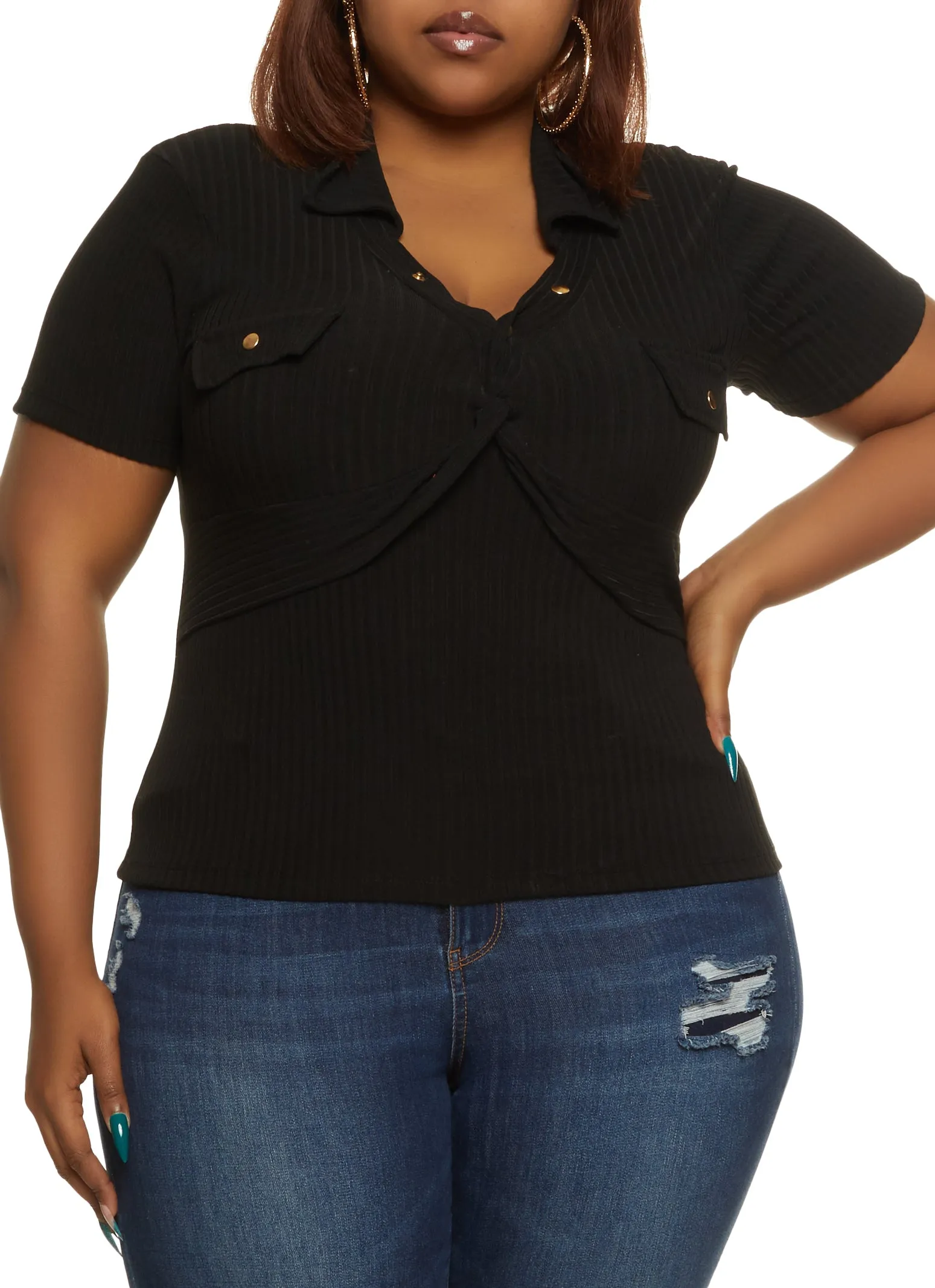Plus Size Ribbed Knit Polo Shirt sold by Rainbow