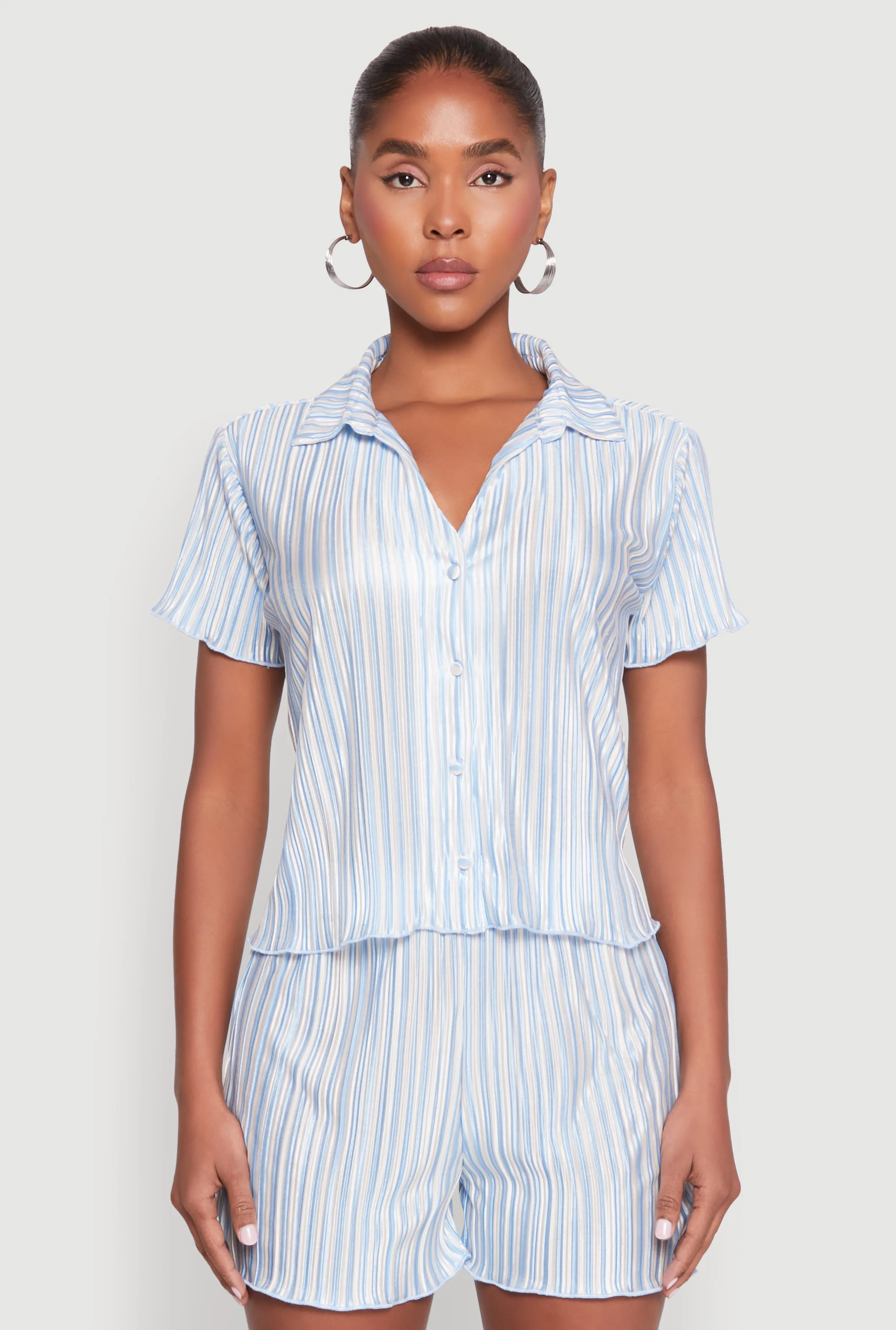 Almost Famous Plisse Striped Shirt sold by Rainbow