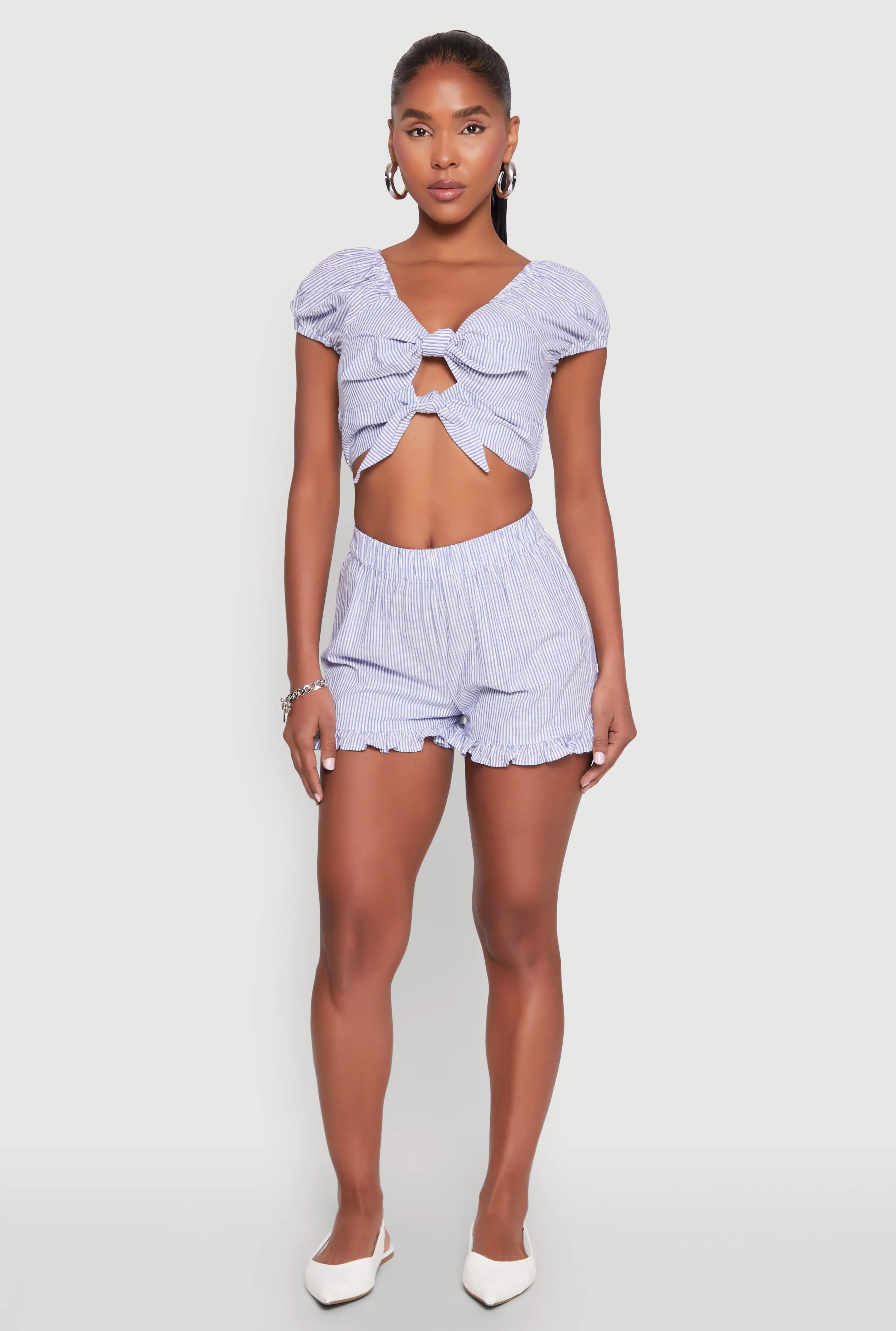 Almost Famous Ruffled Hem Striped Shorts sold by Rainbow