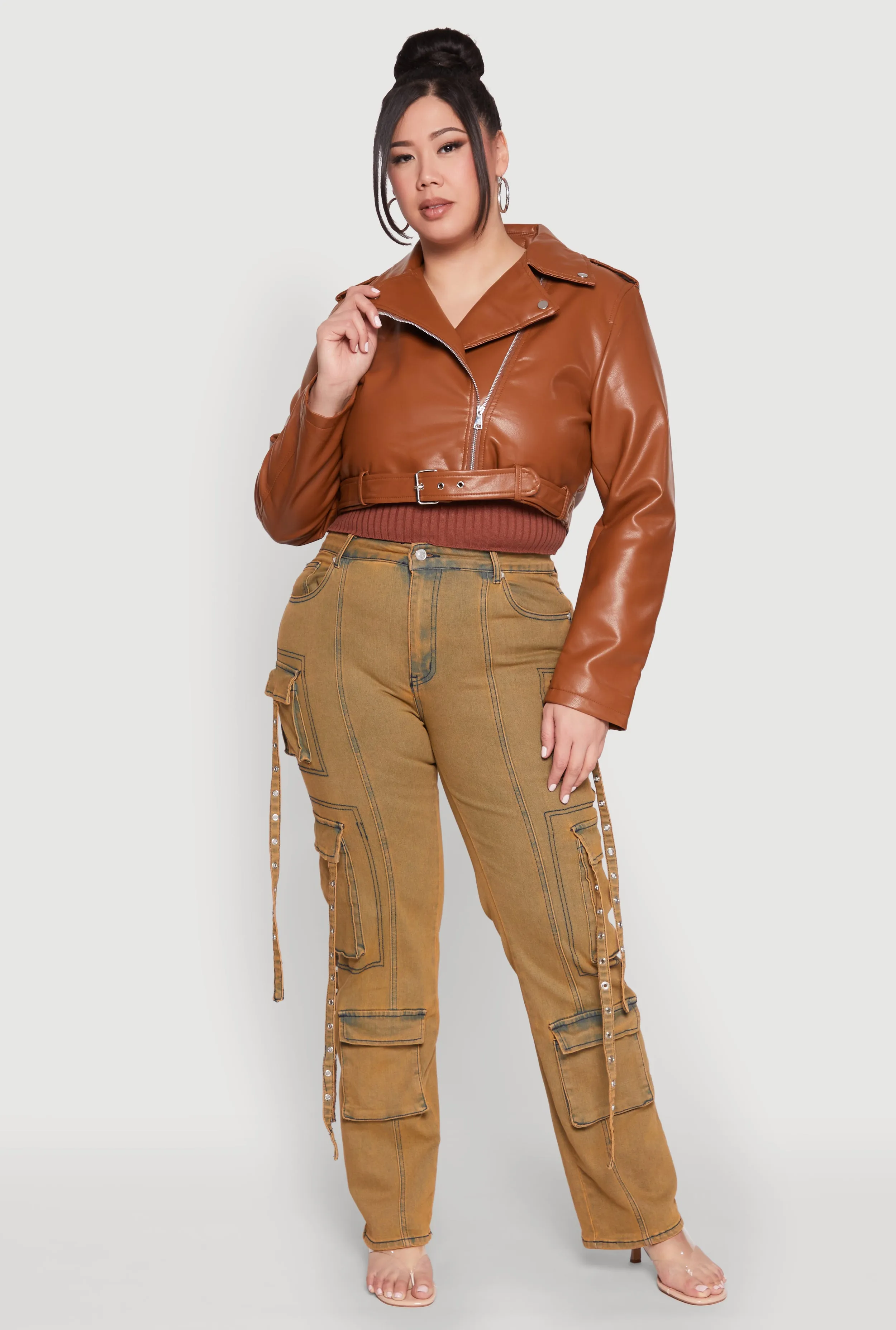 Plus Size Daisy Faux Leather Belted Moto Jacket sold by Rainbow