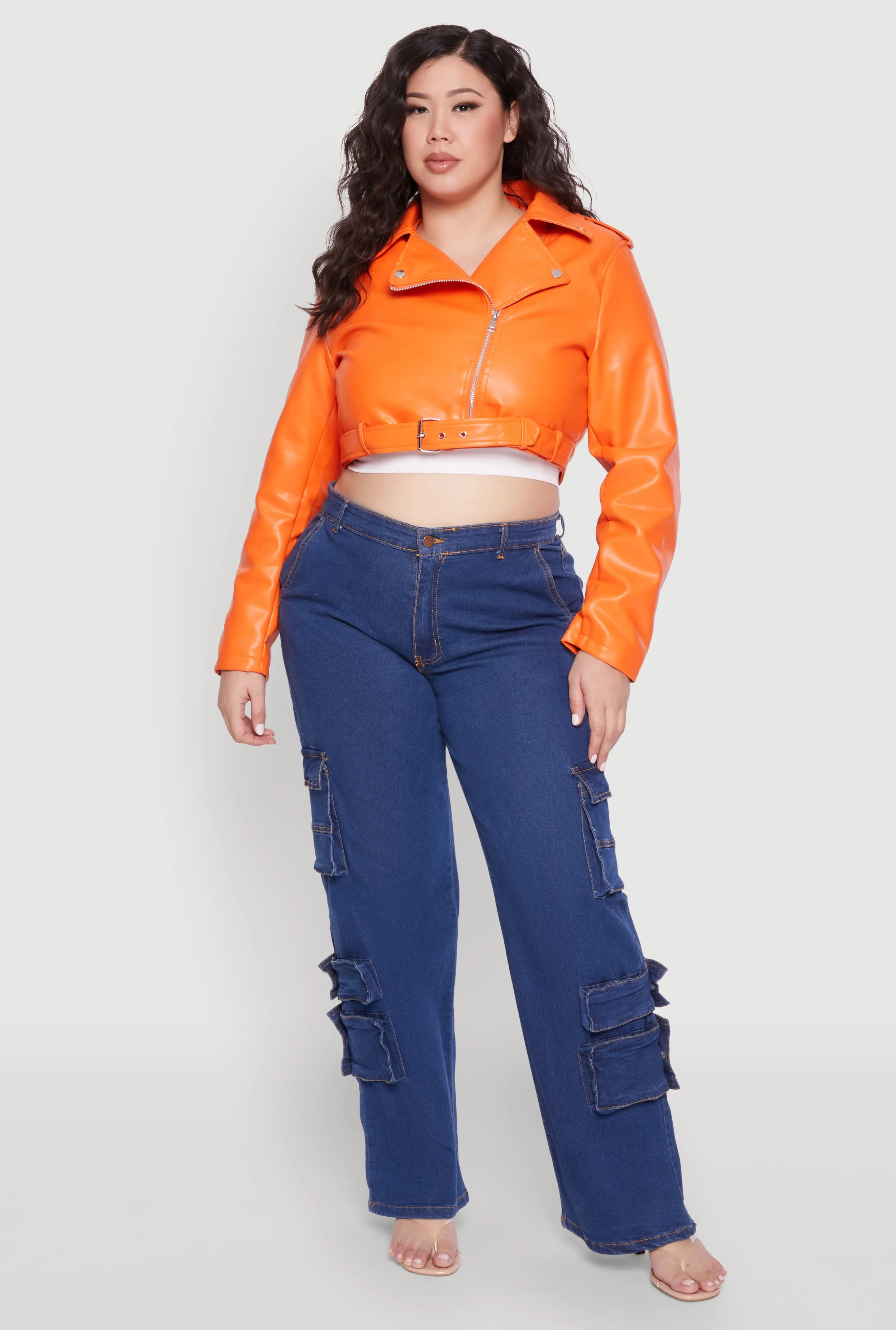 Plus Size Daisy Faux Leather Belted Moto Jacket sold by Rainbow