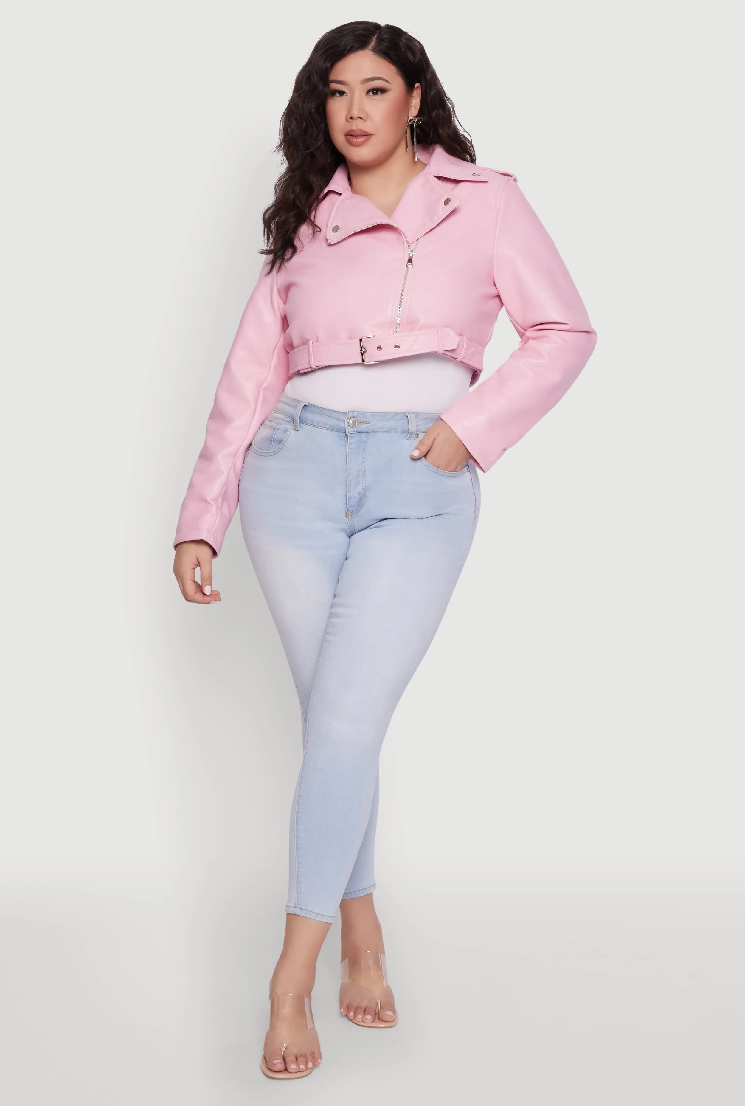 Plus Size Daisy Faux Leather Belted Moto Jacket sold by Rainbow