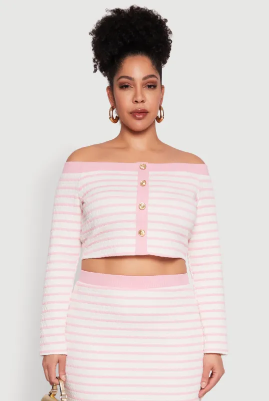 Plus Size Striped Faux Button Off the Shoulder Top sold by Rainbow