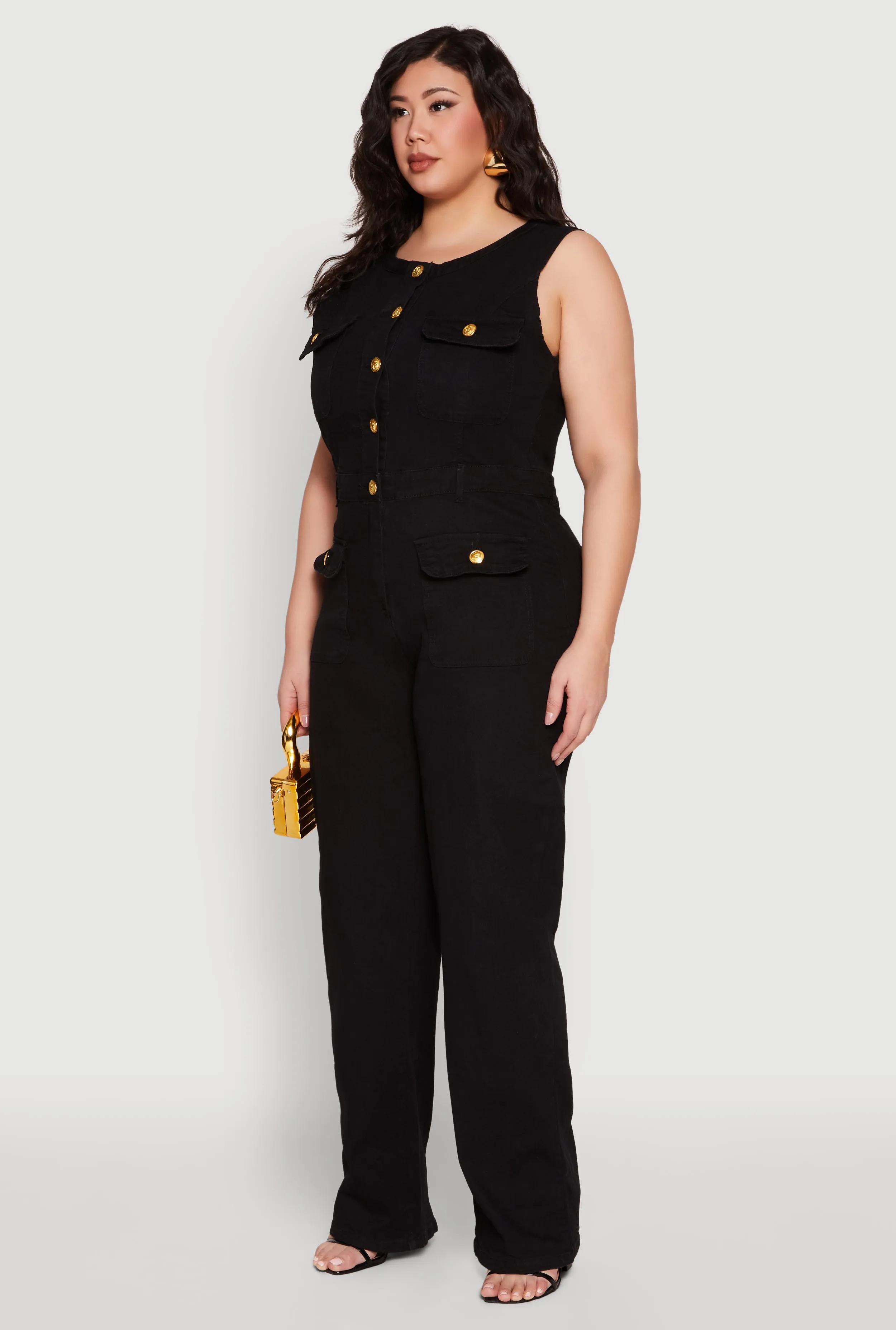 Plus Size Daisy Sleeveless Button Front Denim Jumpsuit sold by Rainbow product image thumbnail 3