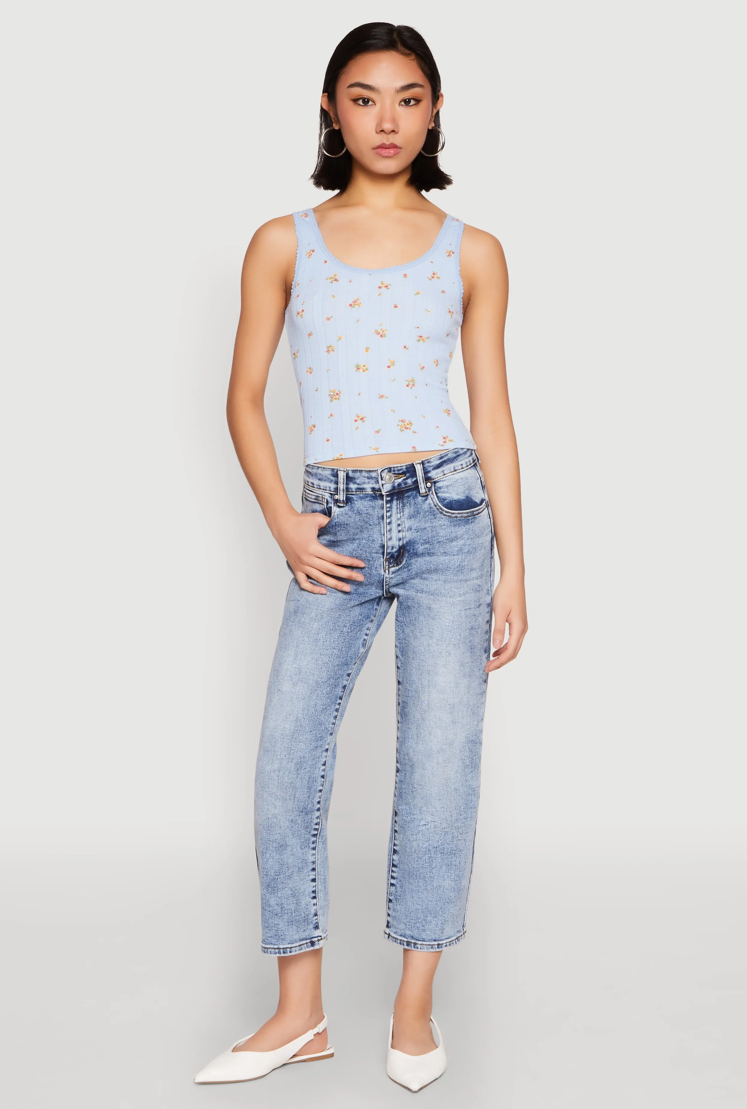 Ribbed Knit Floral Print Tank Top sold by Rainbow