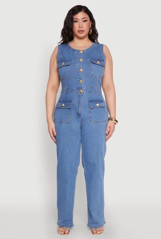 Plus Size Daisy Sleeveless Button Front Denim Jumpsuit sold by Rainbow