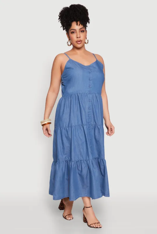 Plus Size Chambray Button Front Tiered Maxi Dress sold by Rainbow