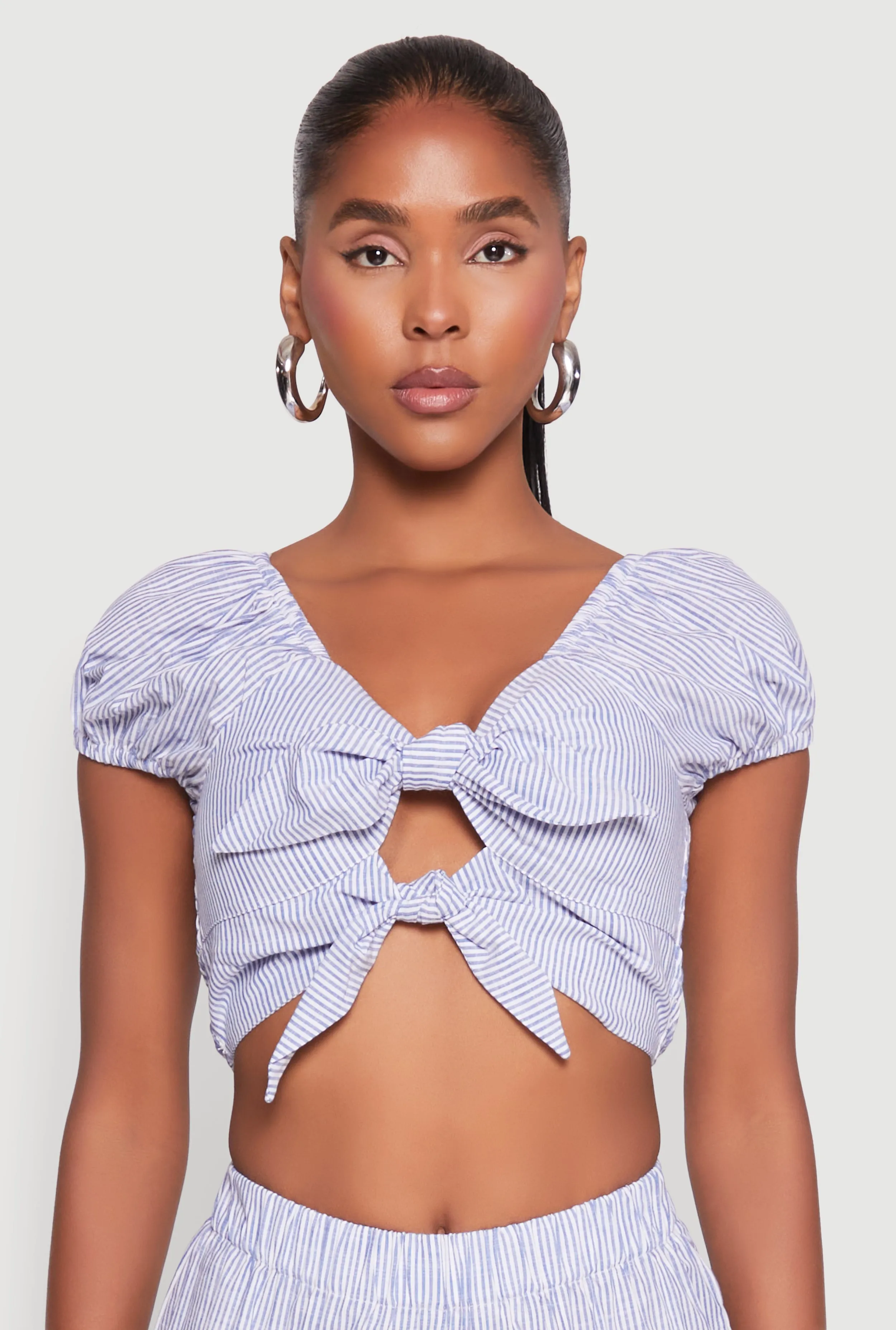 Pinstripe Double Tie Front Crop Top sold by Rainbow