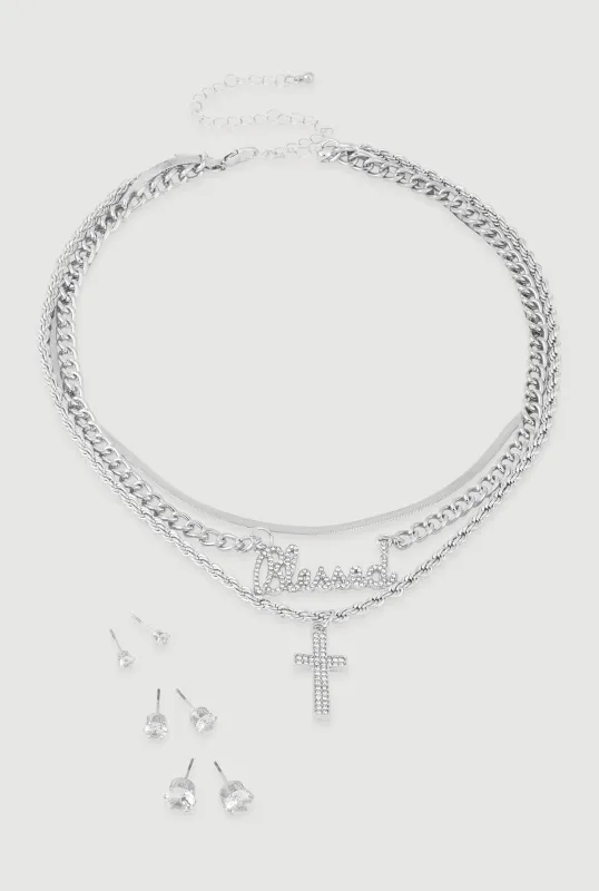 Blessed Cross Layered Necklace with Stud Earring Trio Set sold by Rainbow