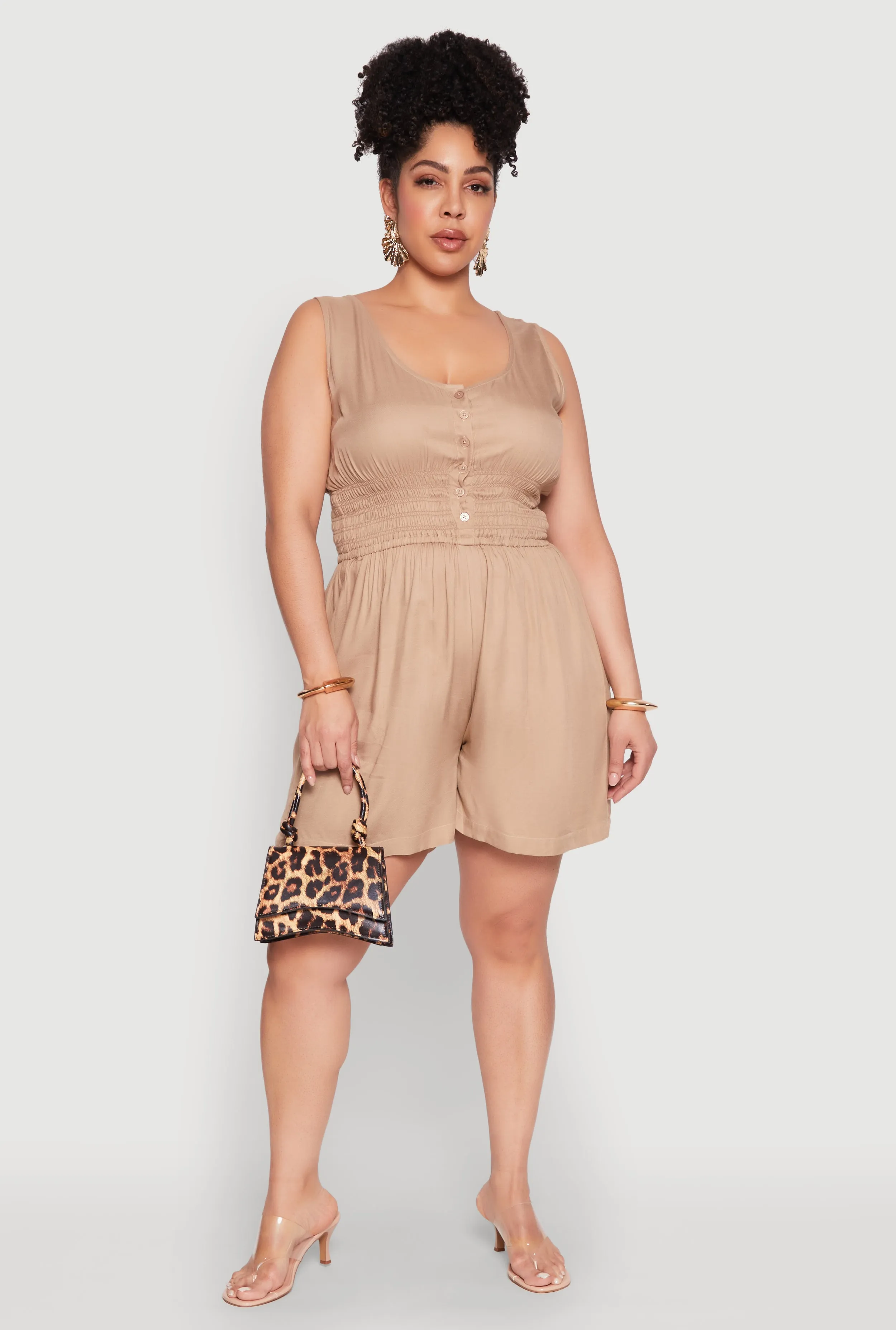 Plus Size Smocked Half Button Romper sold by Rainbow